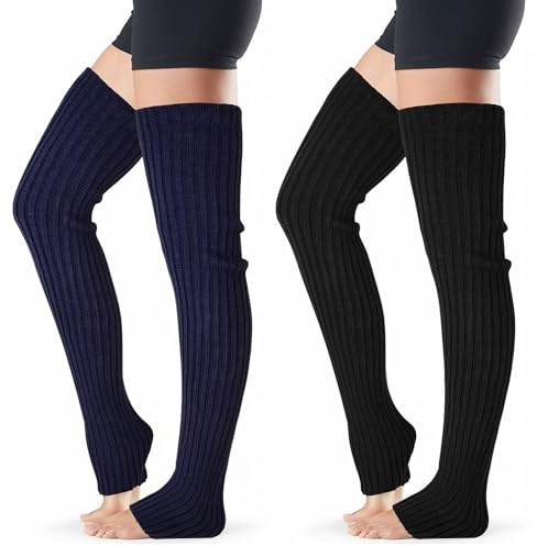 XEPST 2 Pares Calentadores de Piernas Para Mujer, Largo Calentadores de Tobillo de Invierno Ganchillo Cubierta para Botas, Calentadores Piernas para Yoga Baile Aerobic (Negro, Azul marino)