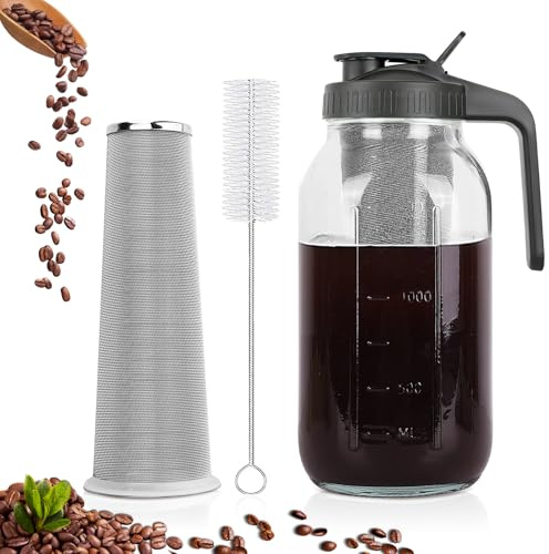 Cold Brew Coffee Maker,64 oz Mason Jar Pitcher with Stainless Steel Filter, Pour Spout Handle Lid, Heavy Duty Glass Airtight & Leak-Proof for Iced Coffee,Tea & Lemonade