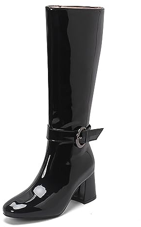 ErikenUrben Mode Knie Stiefel Damen Blockabsatz Reitstiefel Schnalle Strap Lack Leder Tall Stiefel Black