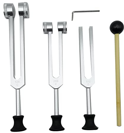 Erpmlyo Juego de 4 Diapasones (128 Hz, 256 Hz, 512 Hz) con Martillo para Herramienta de Vibración con Base, Plata