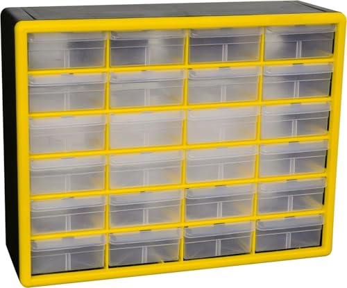 Akro-Mils 10124 24-Drawer Plastic Drawer Storage Cabinet for Garage Organization, Teacher Toolbox, Makeup Organizer, and More, 50.8 cm W x 16 cm D x 40.6 cm H, Yellow