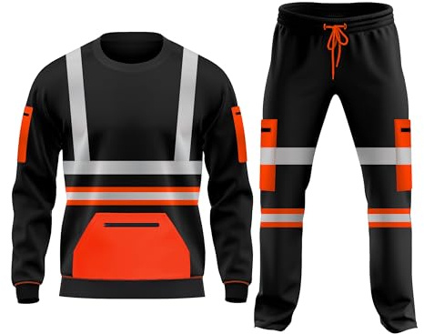mymixtrendz Hi Vis Kids Boys Girls Unisex Workwear Reflective Tape Fleece Tracksuit Set Open Hem Trouser Drawstring Pockets Long Sleeves Sweatshirt Top & Bottom Set