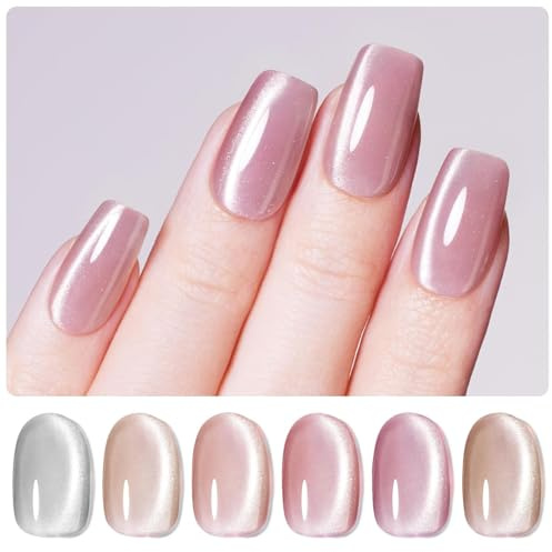 Beetles Cat Eye Gel Nail Polish Set, 6 Color Jelly Shimmer Glass Nude Pink Purple Spring Gel Nail Polish with Magnet
