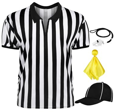 4 Pcs Referee Shirt Costume, Zipper Collared Ref Shirt with Hat for Soccer