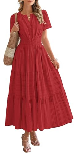 BTFBM Womens Summer 2026 Casual Midi Maxi Dresses Lightweight Short Sleeve V Neck Elastic Waist Boho Beach Dress Pockets(Red, XX-Large)