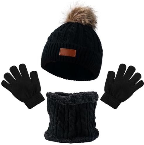 GWAWG 3Pcs Kids Winter Warm Beanie Hat Scarf Gloves Set for 1-5 Years Old Boys Girls. Winter Accessories Sets for Children Outdoor Sports, Knit Thick Warm Fleece Lined Thermal Sets (Black 1)