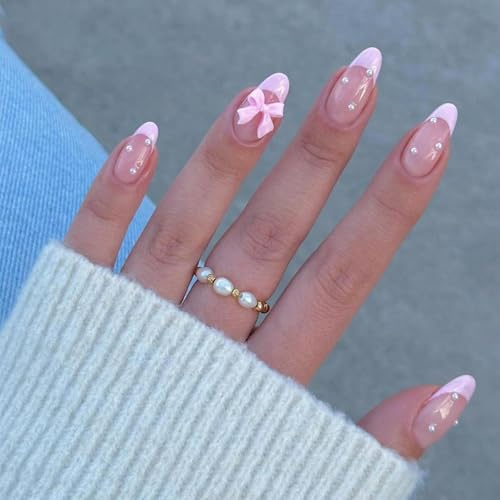 24Pcs French Press on Nails Almond Fake Nails with Bow Pearl Design Pink French Tip False Nails Cute Pink Press on Nail Tips Glossy Artificial Nails Acrylic Stick on Nail for Women Manicure