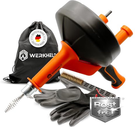 WERKHELD Spirale de nettoyage de tuyaux [7,5 m] – Avec embout de perçage – Spirale de vidange idéale pour un nettoyage écologique des tuyaux – Acier inoxydable – Avec gants et brosse de nettoyage