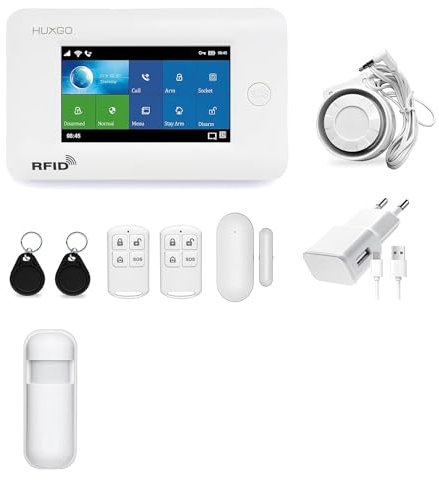 HUXGO, HXA006, Sistema de Alarma inalámbrico WiFi + gsm 4G con 1 Sensor de Movimiento, Casa, Oficina, Piso, Garaje, aplicación Tuya Smart, SMS, Control Desde el teléfono, Idioma Espańol