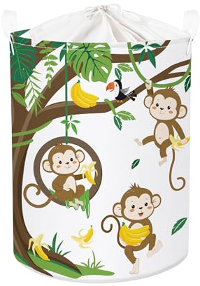 HUUMONSS Grande Cesta Porta Biancheria Bambini Animali Bosco Pieghevole Cestini Portaoggetti Giocattoli Vestiti per Bagno Cameretta, Scimmie, 63L