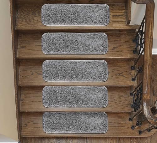 emmahome Soft Shaggy Carpet Stair Treads NON-SLIP MACHINE WASHABLE Mats/Rugs, Indoor 22x67cm, 30mm Thickness and 100% Increased Yarn (Grey, 13)