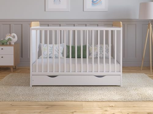 Cuna de Madera para bebé 120x60 cm con cajón Blanco-Pino – Convertible en Cama Infantil – Altura Ajustable – Cuna evolutiva para recién Nacido y niño pequeño