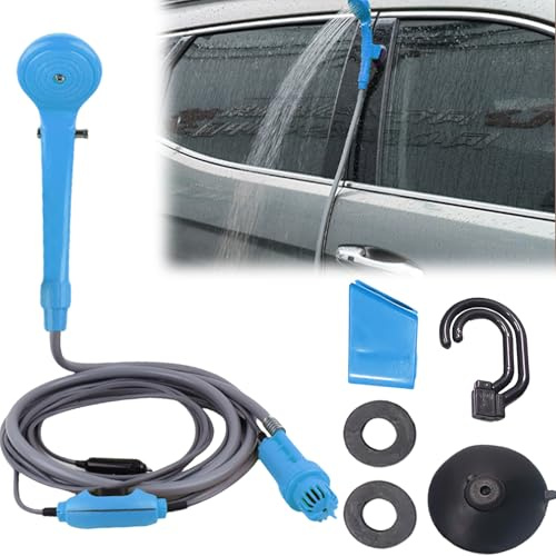PORFOYO Ducha de Camping Portátil 12V con Bomba, Manguera de 7m, Kit de Ducha de Camping para Camping, Coche, Jardín, Perros - Ducha Portátil con Cable de 5m, 3,5L/Min, Accesorios, Azul