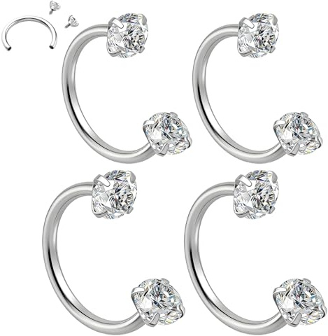 Suupii 4PCS Silver Horseshoe Nose Ring Nose Piercing Jewellery 16G Double-End Nose Rings For Women 6mm 8mm Nose Ring silver 1 Pair Each Horseshoe Piercing Septum Lip Eyebrow Helix Daith Ear Jewelry