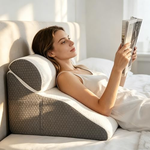 Strixorn Coussin de lecture pour lit et canapé, coussin biseauté incurvé avec mousse à mémoire de forme, oreiller de dossier ergonomique, coussin reflux, housse lavable, coussin reflux adulte, 50 x 50