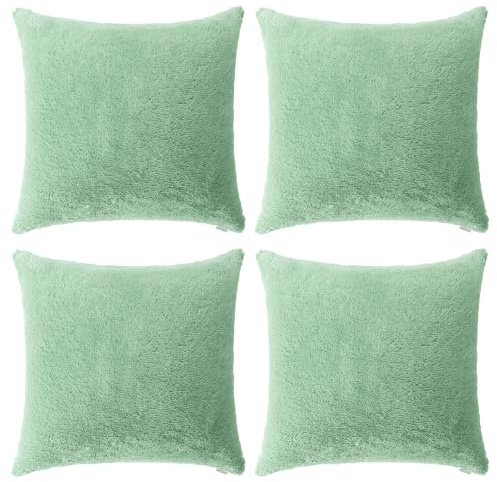 Thmyo 4-Pack Super Soft Fluffy Faux Fur Cushion Covers 45x45 cm Light Green | Comfortable Plush Square Throw Pillow Cases Decorative Pillowcases for Sofa Bed Couch Living Room Home Decoration