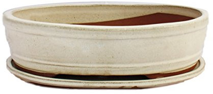 Exotenherz - Bonsai-Schale mit Unterteller Gr. 5 - hellbeige - oval - Modell O7 - L 31cm - B 24cm - H 7,5 cm