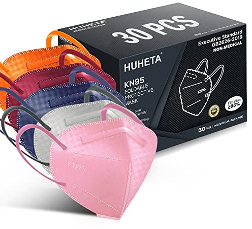 HUHETA KN95 Face Mask, 30 Pack Individually Wrapped, 5-Ply Breathable and Comfortable Safety Mask, Filter Efficiency Over 95%, Protective Cup Dust Masks Against PM2.5 (Multicolored Mask)