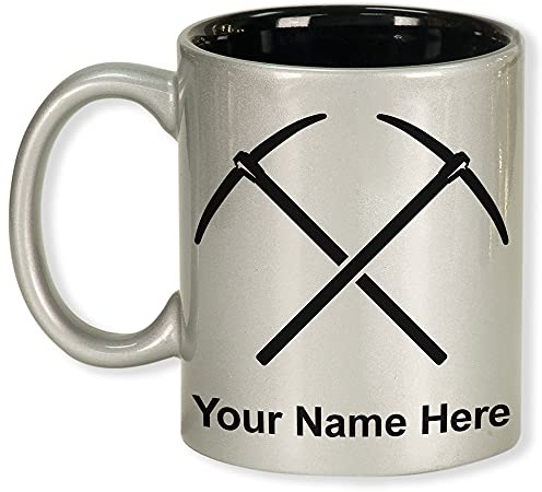 LaserGram 11oz Round Ceramic Coffee Mug, Pickaxe, Personalized Engraving Included (Silver)