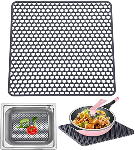 LONGFITE Honeycomb Kitchen Sink Drain Silicon Mat Protector Pad, Large Silicone Dish Drying Mat, Silicone Mats Counter Protector, Heat Resistant, Easy to Clean (Grey)