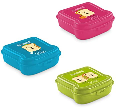 Hega Hogar PACK de 3 Fiambreras para Almuerzos y Meriendas con Dibujos divertidos para Niños. Plástico libre de BPA (Azul, rosa, verde Sandwich)