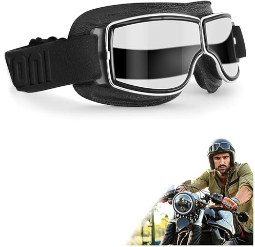 Lunette Moto Vintage Lunettes de Motocross en Cuir PU pour Casque de Motocross et Vélo Rétro pour Sports de Plein Air