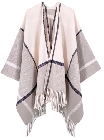 Breezy Lane Poncho châle à Carreaux surdimensionné Ouvert sur Le Devant pour Femme - Cape tricotée à Pompons pour l'automne et l'hiver