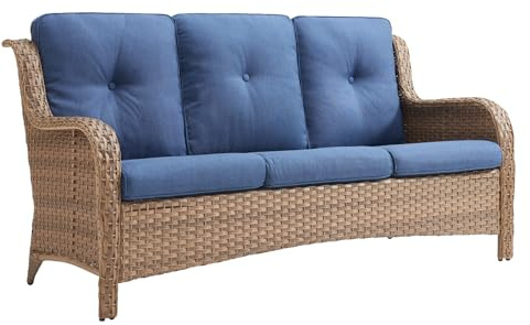 Rilyson Outdoor Patio Wicker Sofa, 900Lbs Weight Capacity Large 3 Seater Wicker Patio Couch with 4in Seat Cushions and Deep Seating, All Weather for Backyard, Garden, Poolside (Yellow/Blue)