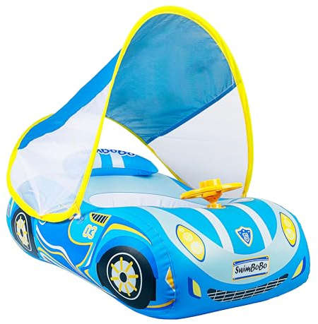 Flotador de natación para bebé, flotador inflable para piscina con asiento de toldo para bebés de 1 a 4 años, flotador inflable de piscina para bebés de 12 a 48 meses (coche azul)