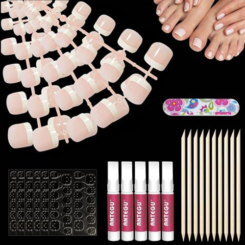 120 Pièces Faux Ongles D'orteil,Français Faux Orteil Ongles Pieds,Couverture Complète Capsule Ongle Pied,Outils faux ongles et accessoires,Kit french manucure,pour DIY Manucure,12 Tailles