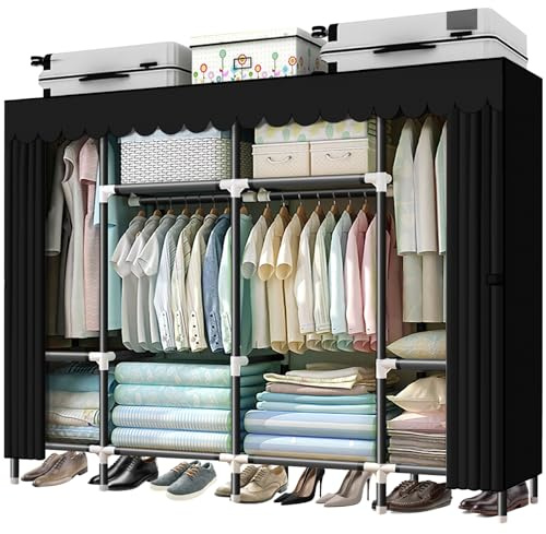 HESMENO Portable Wardrobe, Clothes Closet Storage Organizer with Hanging Rail & Shelves, Foldable Closet with Cloth Cover Quick and Easy to Assemble, Strong and Durable 200x43x168CM, Black