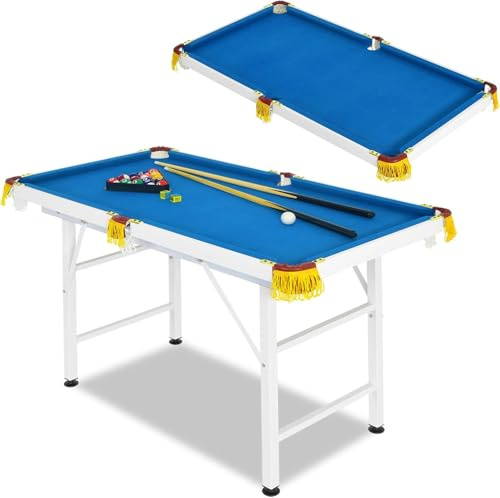 4FT Portable Folding Billiards Table with 2 Billiard Cues, Ball, Triangle Rack, Brush, Chalk, Game Pool Table for Kids Adults Family Office (Blue)