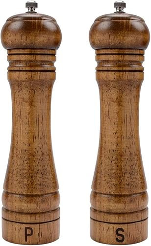 Wood Salt and Pepper Mill Set,Adjustable Ceramic Grinders, Oak Wood Shakers for Kitchen Shakers with Ceramic Core- 8 Inches -Pack of 2