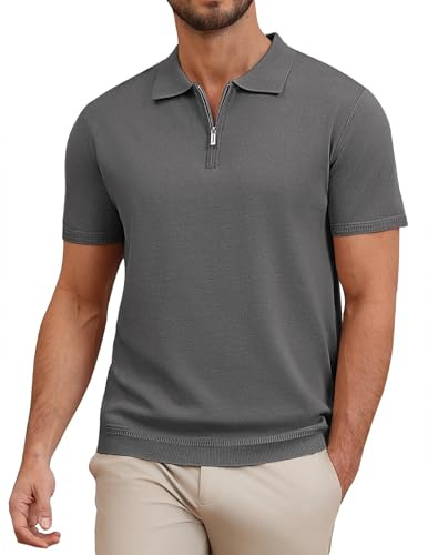 COOFANDY Camisas Polo para Hombre de Manga Corta de Punto con Cuello de Cremallera Camiseta Polo Refrescante de Verano para Golf Polos, gris oscuro, L