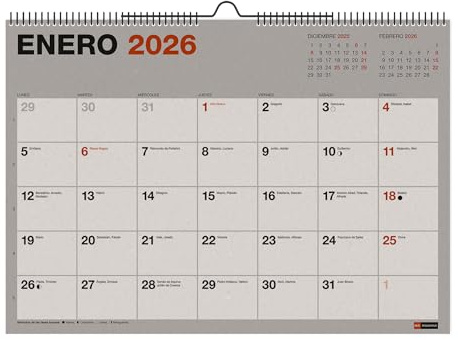 Miquelrius - Calendario da parete 2026, carta 100% riciclata post-consumo, organizer mensile A3: 420 x 296 mm, con doppia spirale e spazio per annotare, agenda da appendere, spagnolo