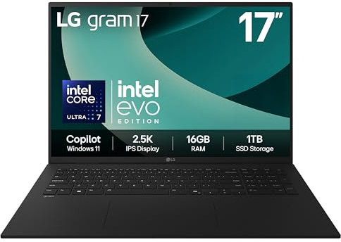LG gram 17Z90T - 17 Inch 2.5K IPS Ultra-Lightweight Laptop, Intel Core Ultra 7 255H - EVO Edition, 16GB RAM, 1TB SSD, Windows 11 Home, gram Hybrid AI, Copilot, Black (2025)