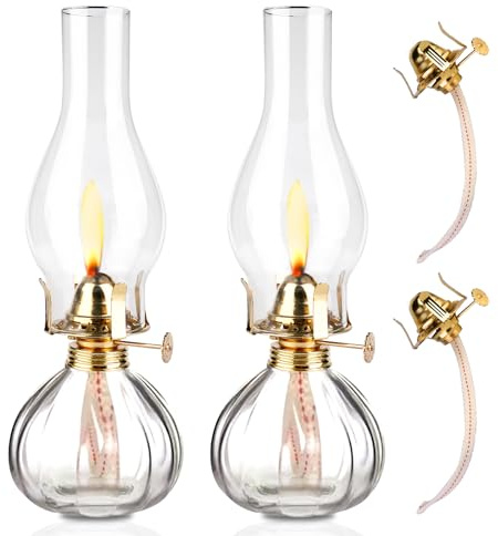 Lampe à Huile Interieur 2 Pièces, Lampe à Pétrole Vintage en Verre Transparent Luminosité Réglable Lampe a Huile Décorative Coupe-Vent pour Salon, Salle à Manger, Utilisation d'Urgence