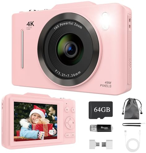 Cámara Digital 4K para Niños y Principiantes | 48MP Camara de Fotos, Zoom Óptico 16X, con Tarjeta SD de 64GB Incluida, Pantalla LCD 2.8 | Cámara Compacta, Fácil de Usar (Rosa)
