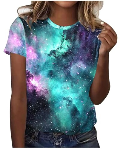 HUIFUAO Galaxy T-shirts för kvinnor roliga glittrande stjärnrymdtryck toppar glitter universum stjärnhimmel tröjor festival kortärmad blusar tunika nyhet karneval kostym trendiga mardi gras kläder