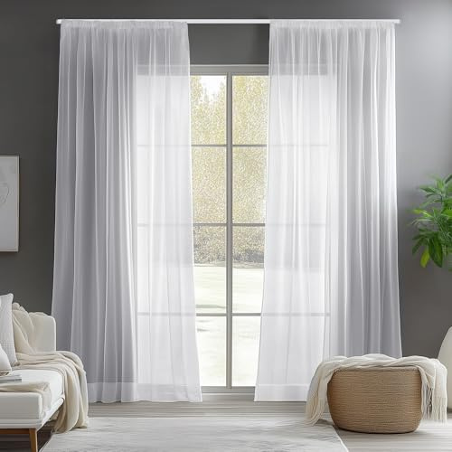 Deconovo Gardinen Transparent Vorhänge für Schiene mit Kräuselband Wohnzimmer Schlafzimmer, 229x140 cm(HöhexBreite), Weiß, 2er Set