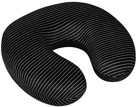 WELLGRO Nackenkissen mit abnehmbarem Bezug - Memory Schaum - Reißverschluss Reisekissen inkl. Transportlasche - ca. 28x28x9 cm (LxBxH) - Farbe wählbar, Farbe:Schwarz mit Streifen