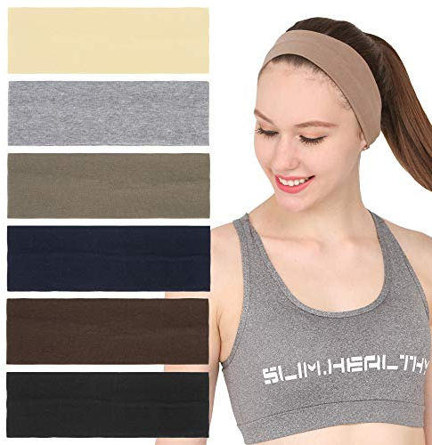Folora 6Pcs Stretchy Elastic Solid Headbands, Cotton Sports Hairband for Women Girls, Suitable for Yoga, Pilates, Running, Cycling