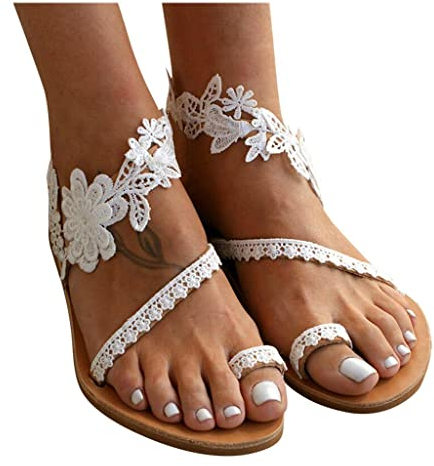 HXMISKO Sandalen Damen Weiß Zehentrenner Elegante Blumen-Perlen Pantoletten Slides Abendschuhe Flip Flops Pumps Bequem Flache Strandsandalen Flip Flops Klassischen Böhmischen Sommer Strand Schuhe
