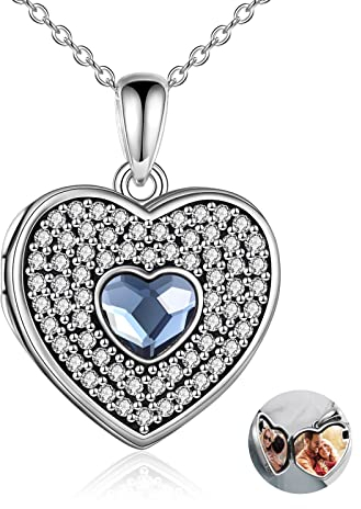 Sterling Silber Herz Medaillon für Frauen die Bilder hält Liebe Herz Foto Medaillon Halskette Memory Anhänger mit blauem Kristall aus Österreich Geburtstagsgeschenke für Frauen Freundin Frau Mutter