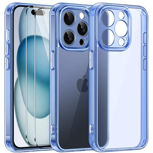 ivoler Clear Case Compatible with iPhone 15 Pro Max 6.7 [Long Lasting Clarity] [Military Grade Drop Protection], 1 Phone Case + 2 Tempered Glass Screen Protector, Shockproof Slim Cover - Baby Blue