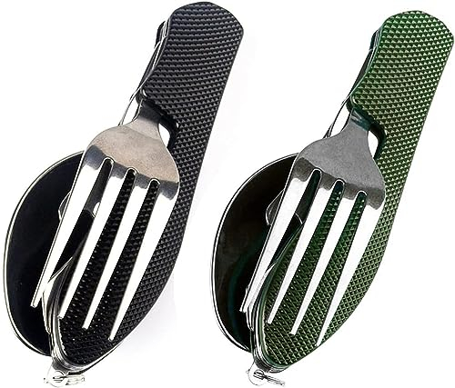 ASEELO 2pcs 3 in 1 Stainless Steel Camping Tableware, Outdoor Folding Cutlery Set, Detachable Travel Cutlery for Picnic Fishing