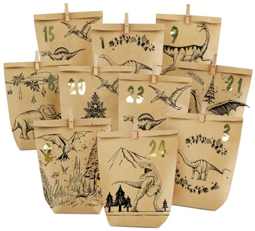 Adventskalender Tüten zum befüllen 2024, Größe 16x22cm,Geschenk Papiertüten Zum Selber Befüllen Basteln handgezeichnet dinosaurier Advents Tüten, DIY Weihnachtskalender zum Basteln