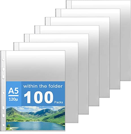 AOBOPLE 100 Stück Klarsicht Aktenhüllen, Prospekthüllen A5, 120µ Kunststoff Klarsichthüllen A5, Glasklar Fotohüllen für Aufbewahrung von Papier, Akten & Dokumenten