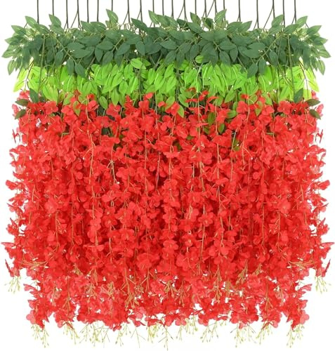 SZJH 12 st 9,5 m/delar konstgjorda falska blåregn vinstockar ratta hängande girlang siden blommor snöre hem fest bröllopsdekor (röd)