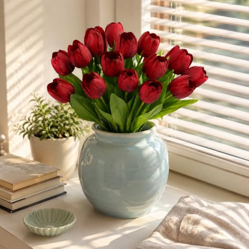 astylishome Ramo de flores artificiales decorativas, 21 unidades, tulipanes falsos reales, regalos para mamá, bricolaje, para boda, ramos de novia, color rojo, para decoración del hogar, fiesta,